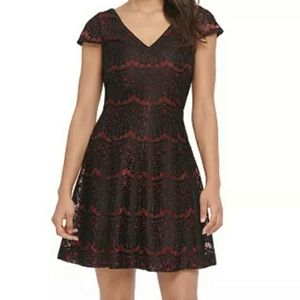 Kensie metallic lace fit & flare dress. Women's party dress.